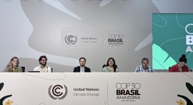 Conferencia de prensa de miembros de CANLA en la sede de la COP 30 en Belém do Para.